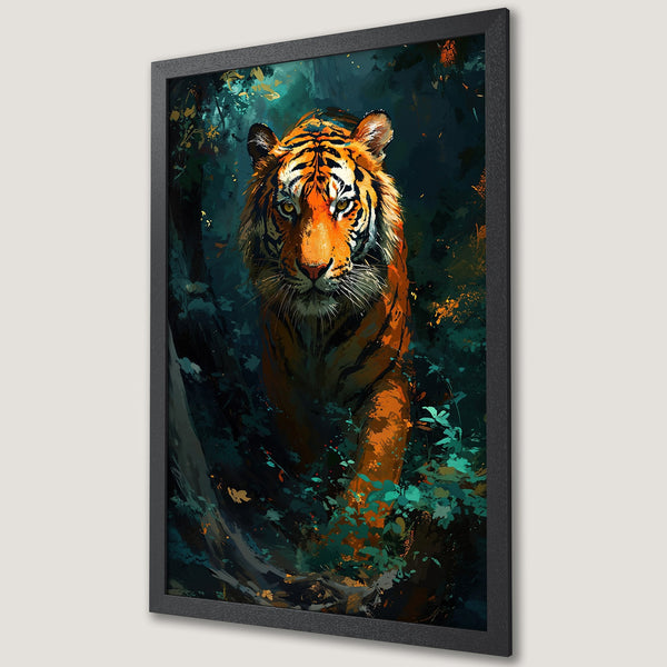 Framed Poster featuring a majestic tiger in a dark, painterly style with a vibrant teal and orange color palette. Perfect wall art!