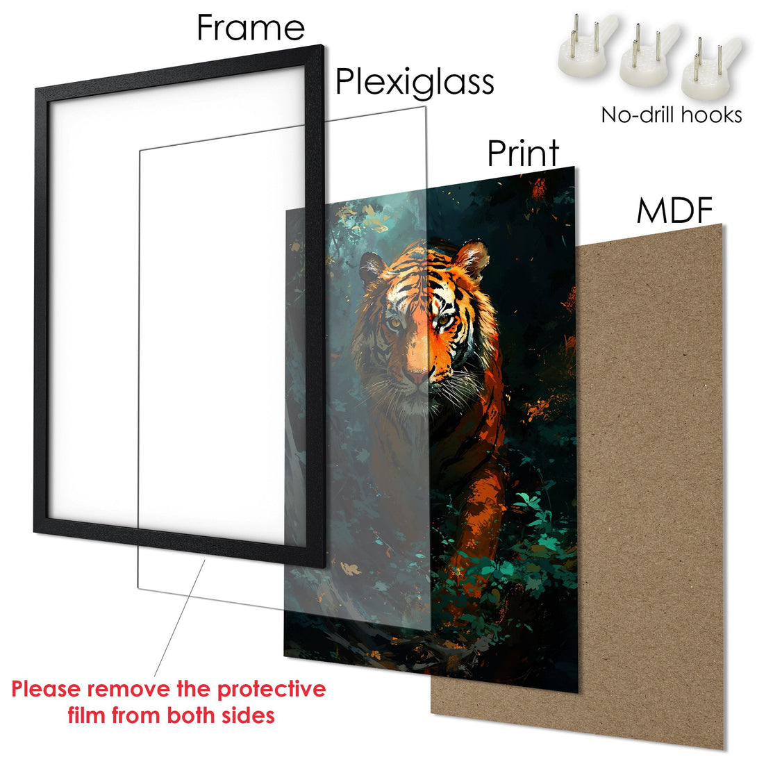 Framed Poster featuring a majestic tiger in an artistic style with orange and teal hues. Perfect wall art!