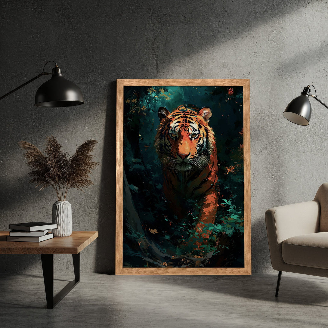 Framed Poster featuring a majestic tiger in a jungle setting. Artistic style with a vibrant orange, green, and dark color palette. Perfect wall art.