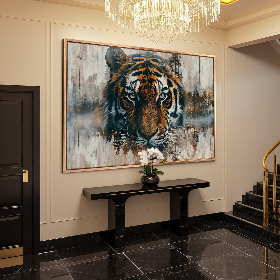 Framed Wall Art: Majestic tiger portrait in warm orange, brown, and gray tones. Modern art for home decor. Enhance your space with this stunning canvas print.