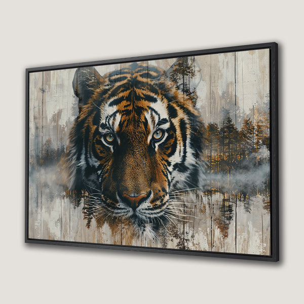Framed Wall Art featuring a majestic tiger.  Abstract style with a warm, earthy color palette.  Perfect for adding a touch of wildlife art to your home.
