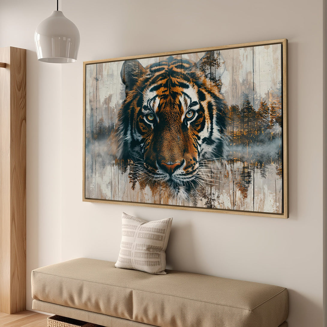 Framed Wall Art: Majestic tiger portrait in warm orange and brown tones. Modern wildlife art for your home decor.