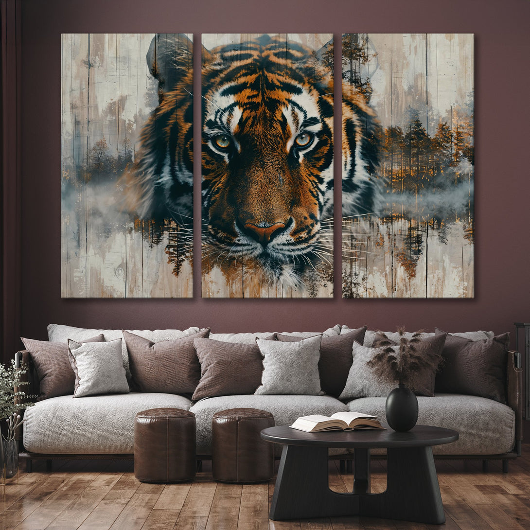 Canvas Print of a majestic tiger in an artistic style, featuring a warm, earthy color palette. Perfect wall art for any room!