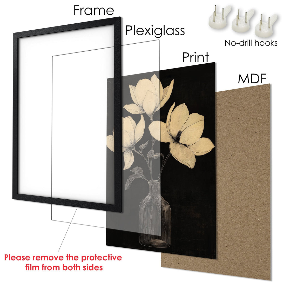 Framed Poster featuring elegant floral art in black and cream tones. Perfect wall decor for any room!