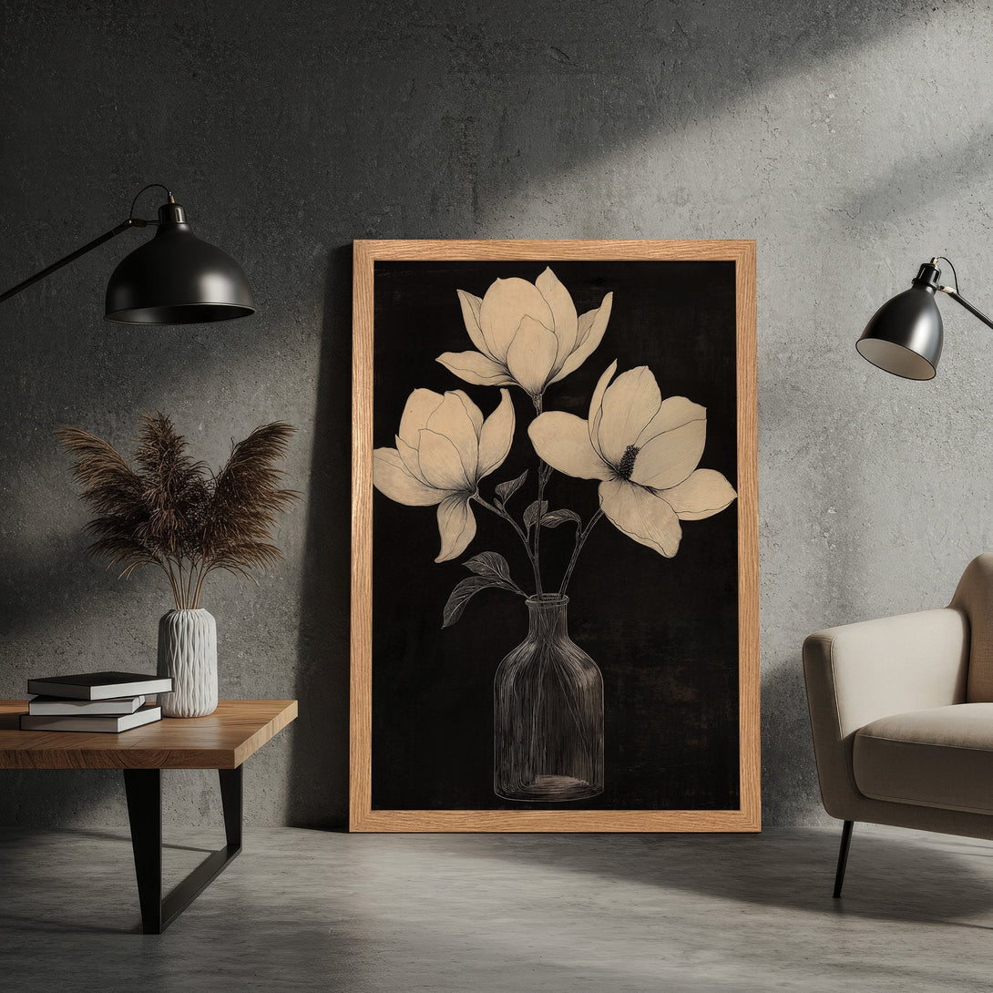Framed Poster featuring elegant magnolia flowers in a minimalist, black and beige color palette. Perfect wall art for a modern home.