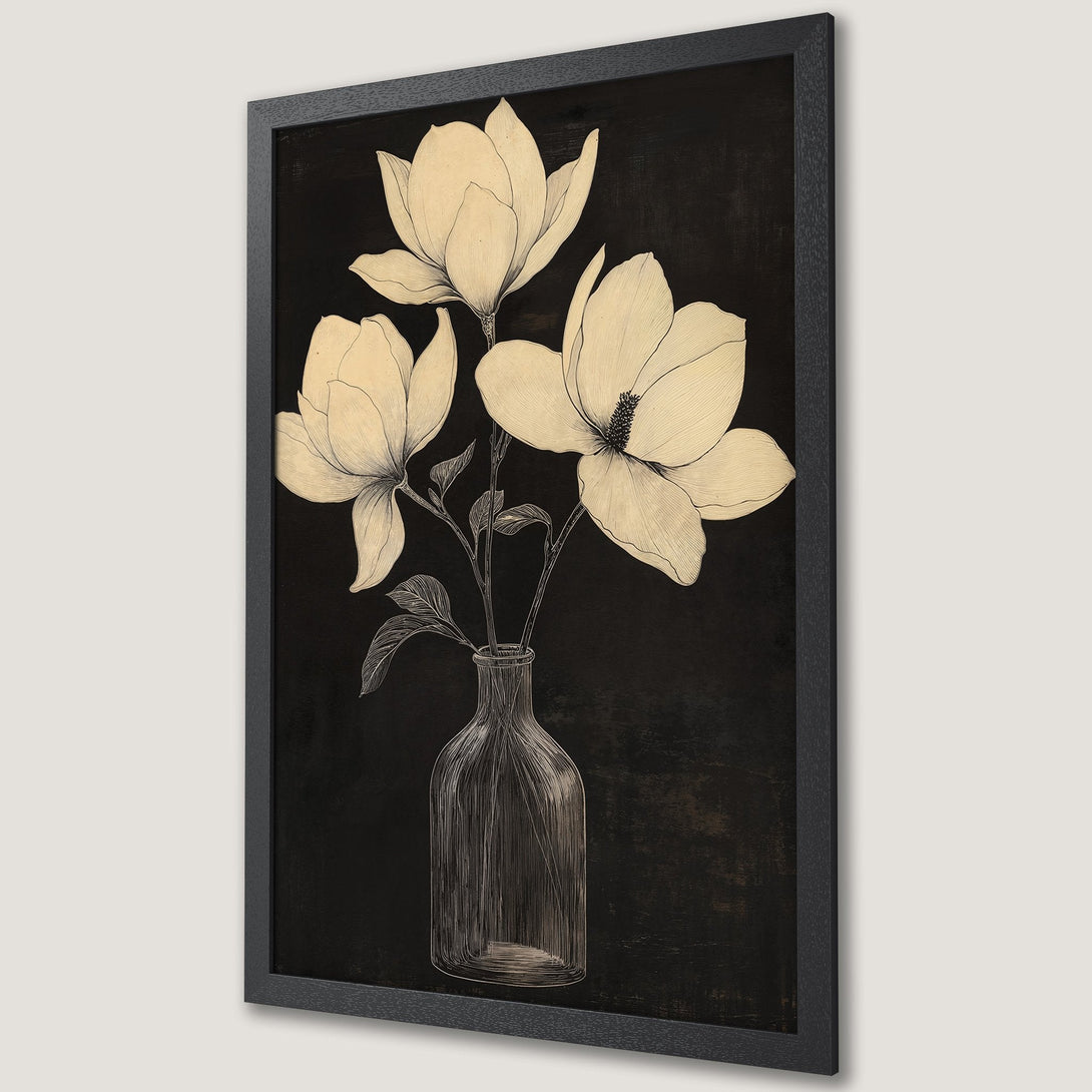 Framed Poster featuring magnolia flowers in a vase, illustrated style with cream and black color palette. Modern wall art for your home.