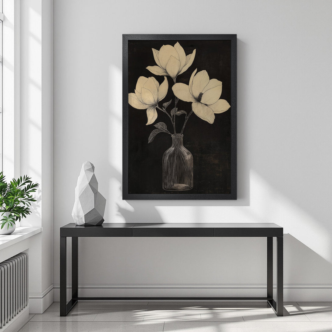Framed Poster featuring elegant magnolia flowers art print in a neutral color palette, perfect for modern home decor.