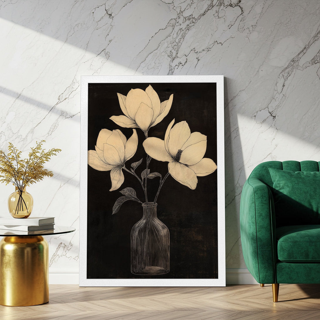Framed Poster featuring elegant magnolia flowers in a vase. Black and beige color palette, perfect for modern home decor. Add art to your space!