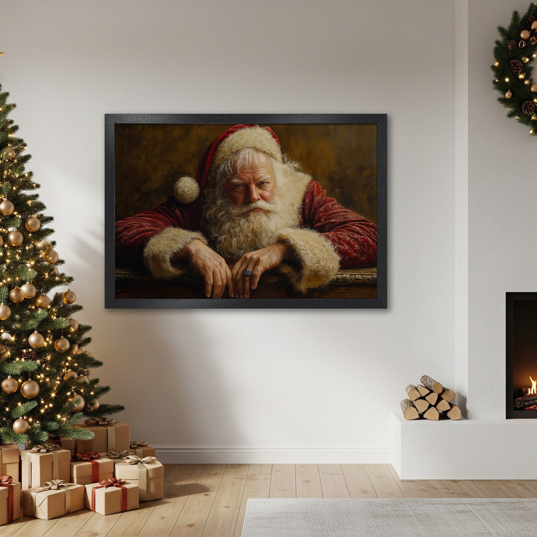 Framed Poster featuring Santa Claus in a classic style, warm red & gold color palette, perfect for Christmas decor.
