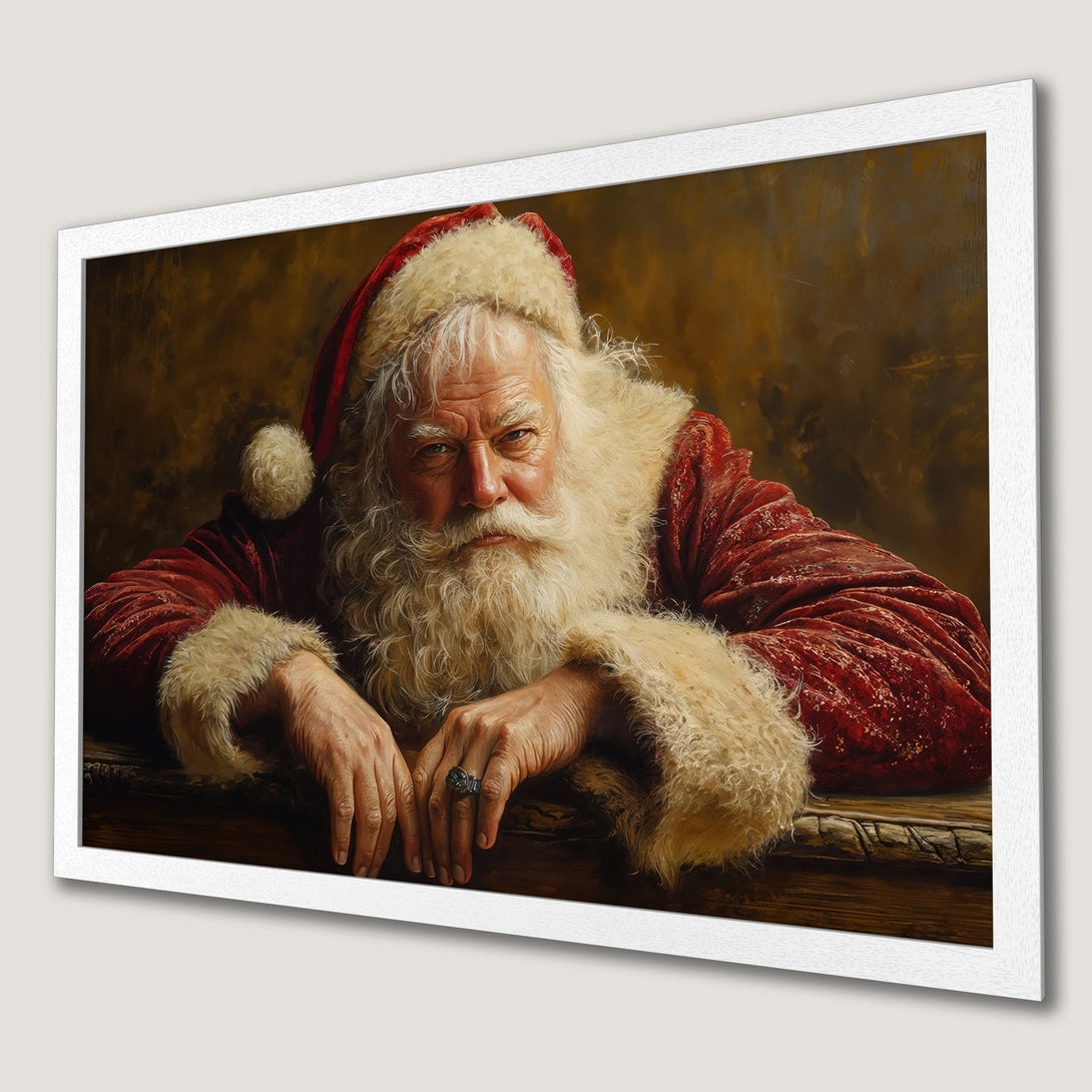 Framed Poster featuring Santa Claus in a classic, painterly style with a warm red, gold, and brown color palette. Perfect Christmas decor!
