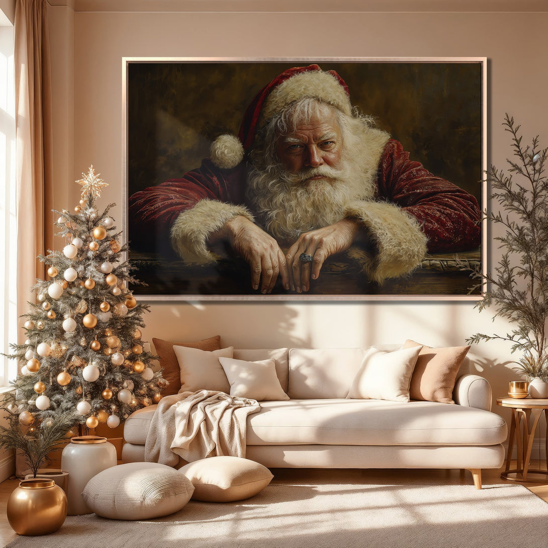 Framed Wall Art: Classic Santa portrait in warm red and gold hues. Perfect Christmas decor for a cozy living room. Shop now for festive art!