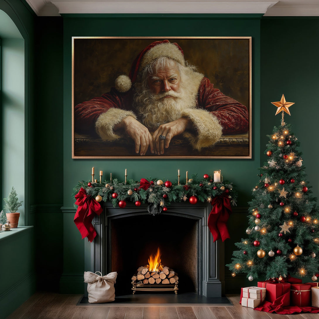 Framed Wall Art of Santa Claus in a classic style, rich red and green color palette, perfect for Christmas decor.