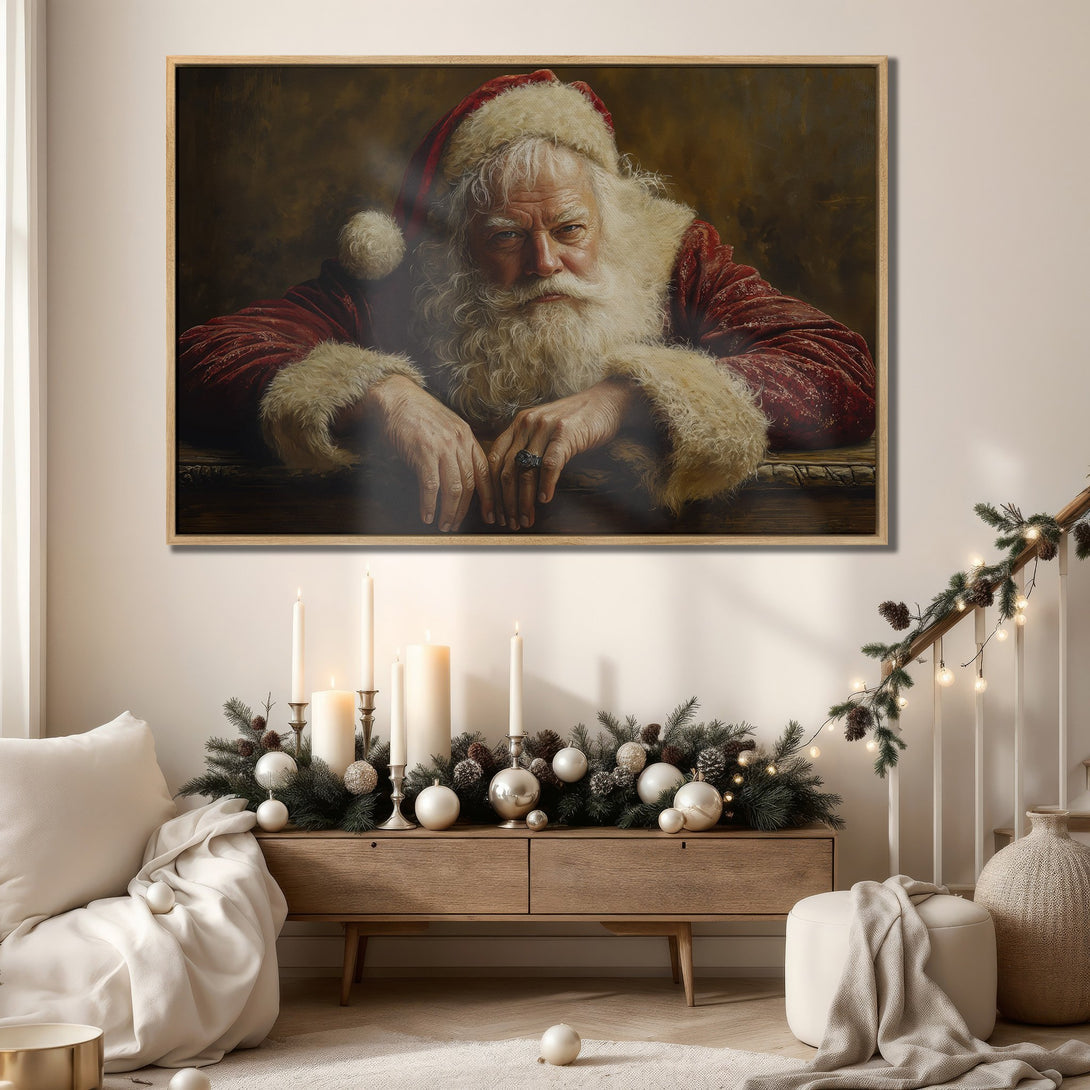 Framed Wall Art featuring a vintage portrait of Santa Claus in a warm, inviting interior. Rich red and cream color palette, perfect for holiday decor.