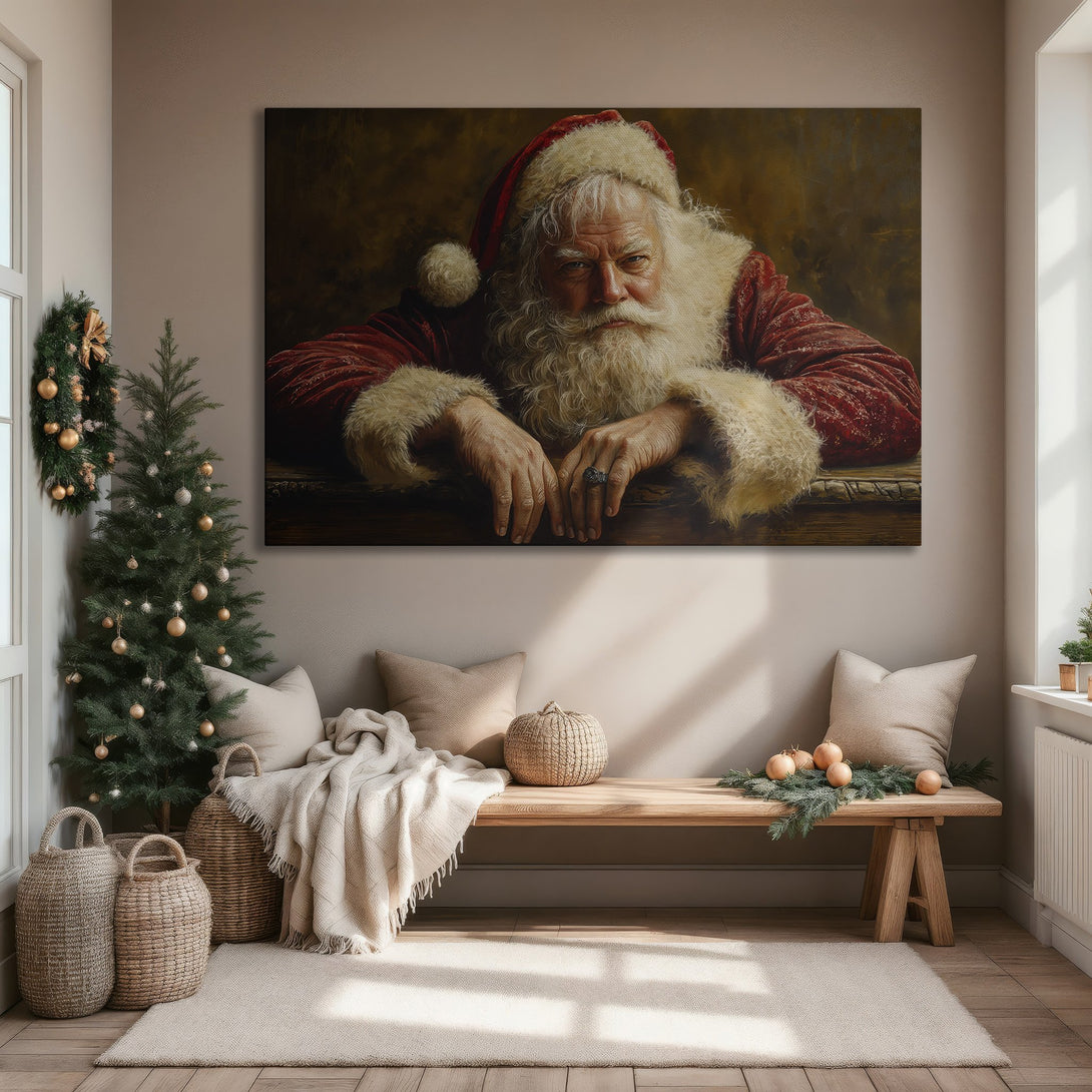 Framed Wall Art: Santa Claus portrait in rich red and gold tones. Classic style canvas print adds festive charm to any space. Perfect Christmas decor!
