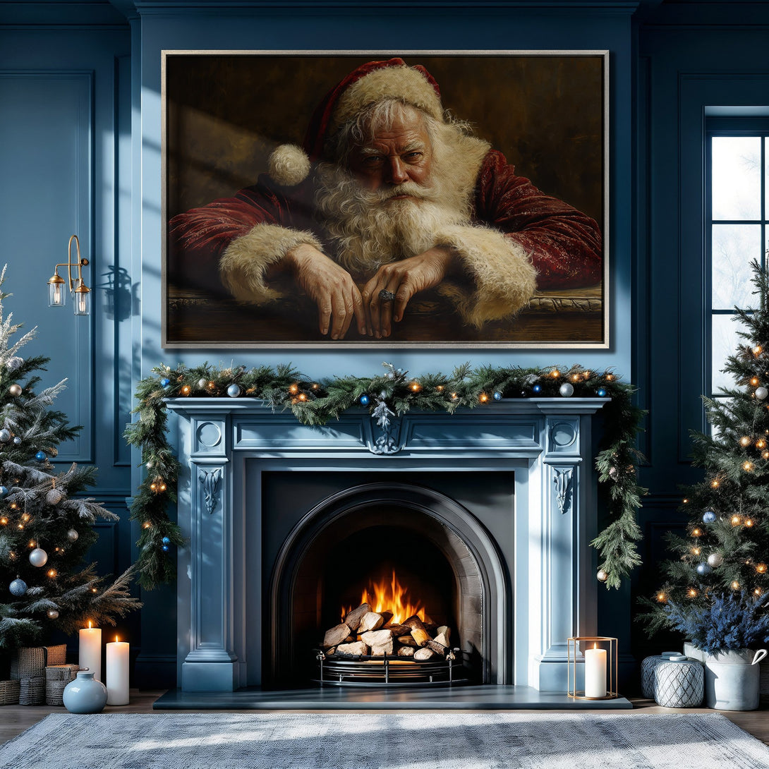 Framed Wall Art: Classic Santa portrait in a cozy blue interior. Perfect Christmas decor! Rich red and blue color palette.