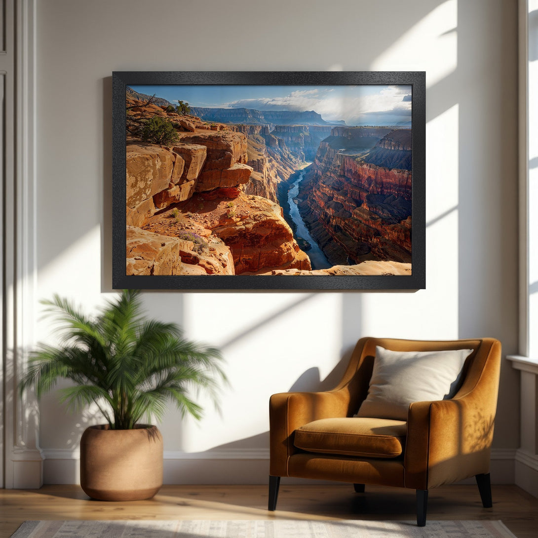 Framed Poster of Grand Canyon landscape, warm earth tones, perfect for home decor.