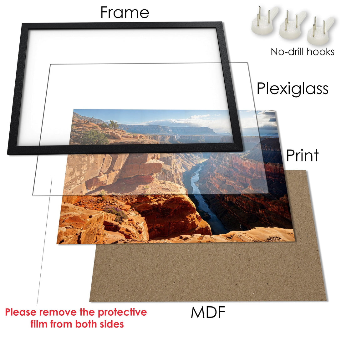 Framed Poster of a stunning canyon landscape in warm earth tones. Perfect wall art for any home!