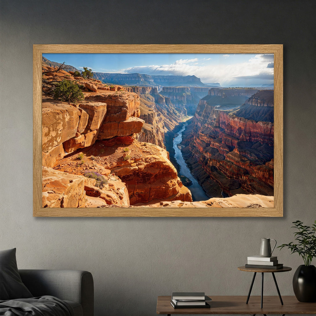 Framed Poster of Grand Canyon landscape art. Earthy tones of red, brown, and blue. Perfect wall decor for any space.