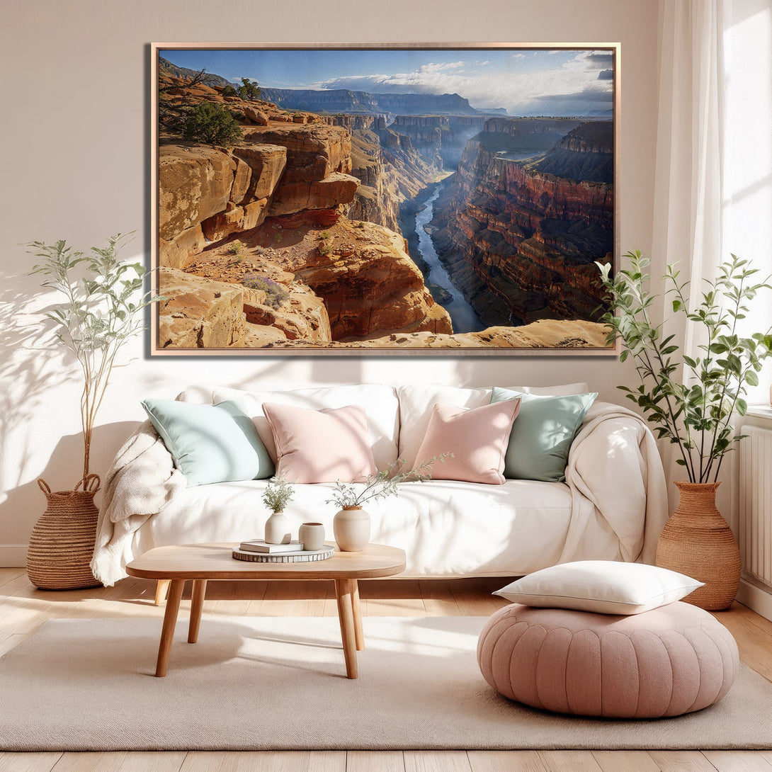 Framed Wall Art of Grand Canyon landscape in warm tones. Earthy, modern decor for your living room. Bring nature's beauty indoors with this canvas print.