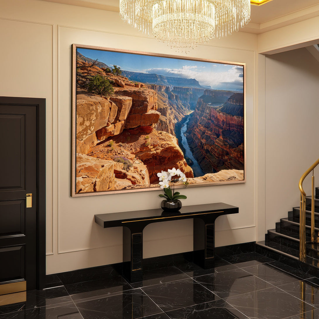 Framed Wall Art of Grand Canyon landscape in warm, earthy tones. Stunning Canvas Print adds a touch of nature to any interior.