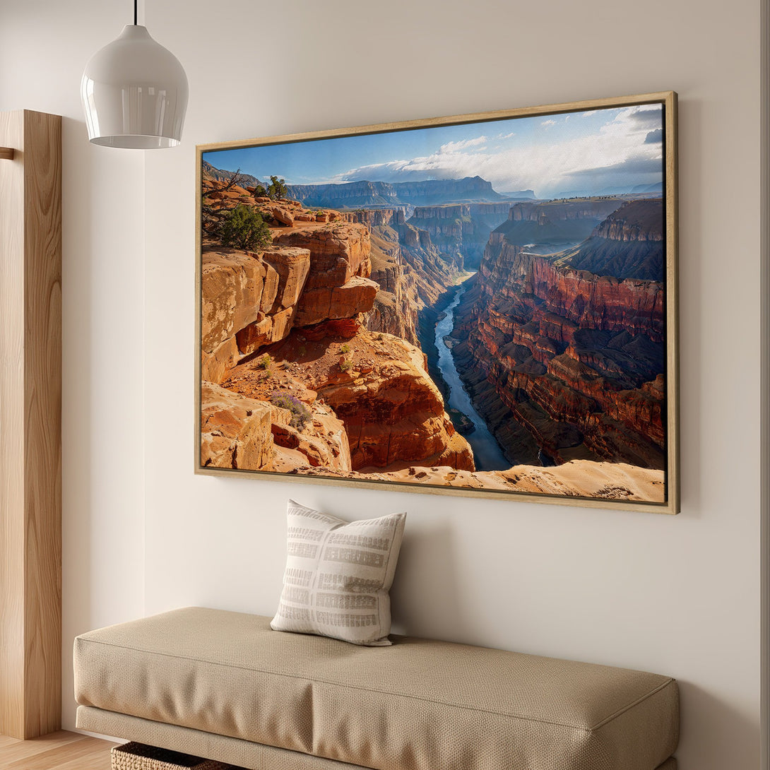Framed Wall Art Canvas Print of the Grand Canyon. Stunning landscape art with warm earth tones and blue sky. Perfect for home decor.