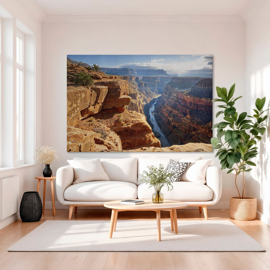 Framed Wall Art: Grand Canyon Canvas Print in luxury living room. Earthy tones and blue sky create a stunning landscape. Perfect for home decor!