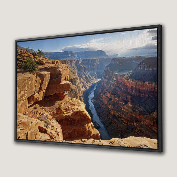 Framed Wall Art Canvas Print of Grand Canyon landscape. Earthy tones of red, orange, and blue. Perfect for adding natural beauty to your home.