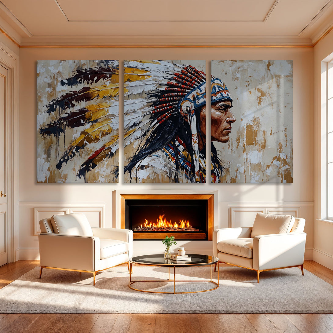 Canvas Print of Native American portrait in warm neutral tones. Abstract style wall art for living room decor.