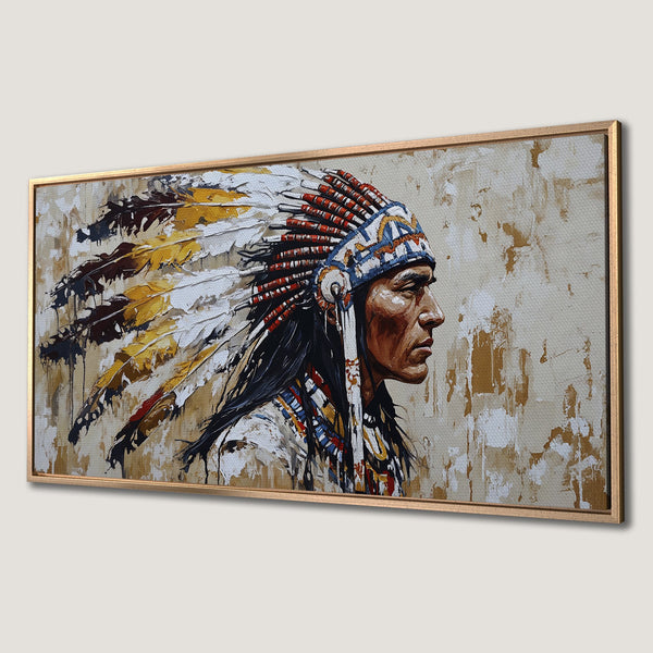 Framed Wall Art: Native American portrait in warm earth tones. Abstract style canvas print adds a touch of history and culture to any space.