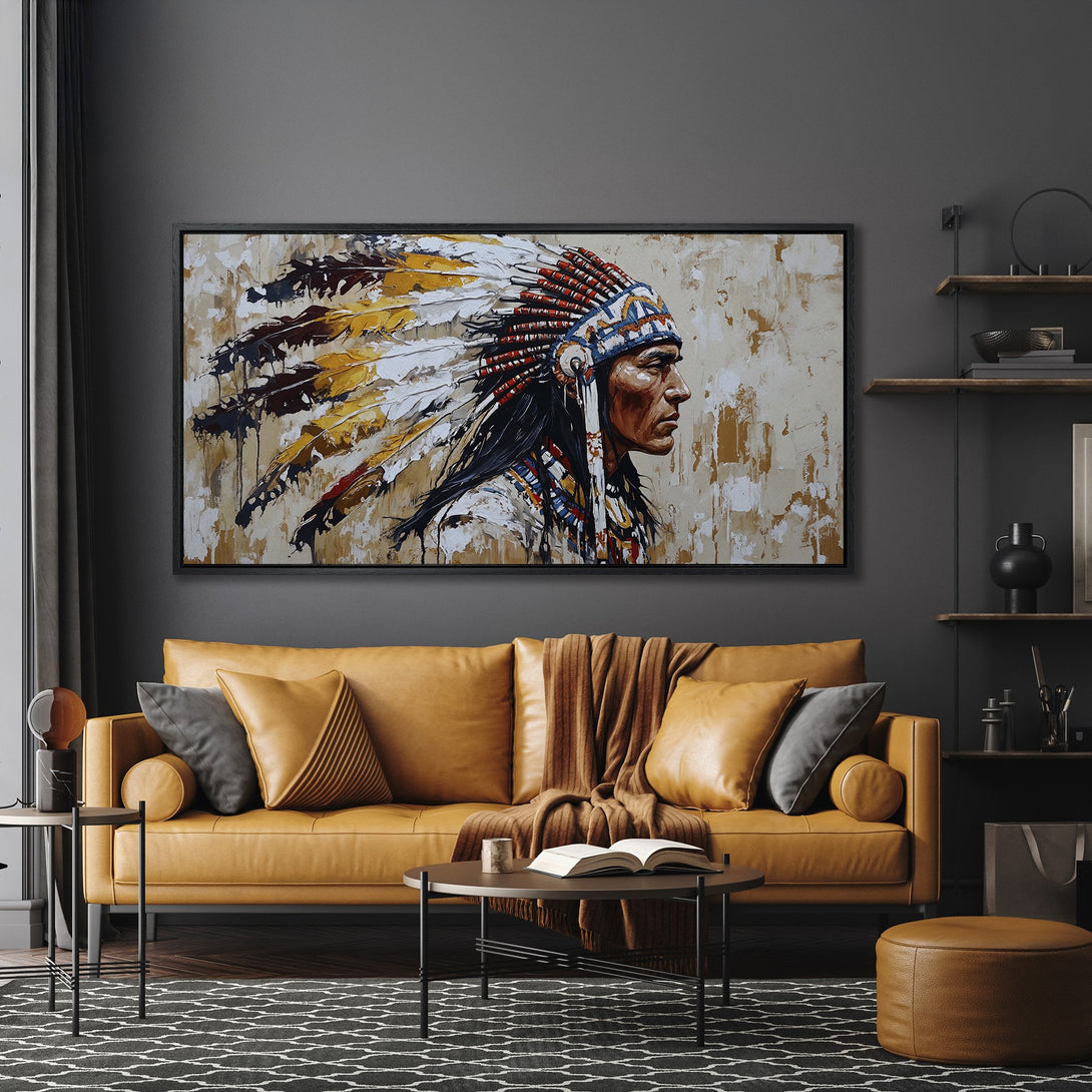 Framed Wall Art featuring an abstract Native American portrait in warm earth tones. Perfect for adding a touch of rustic elegance to any space.