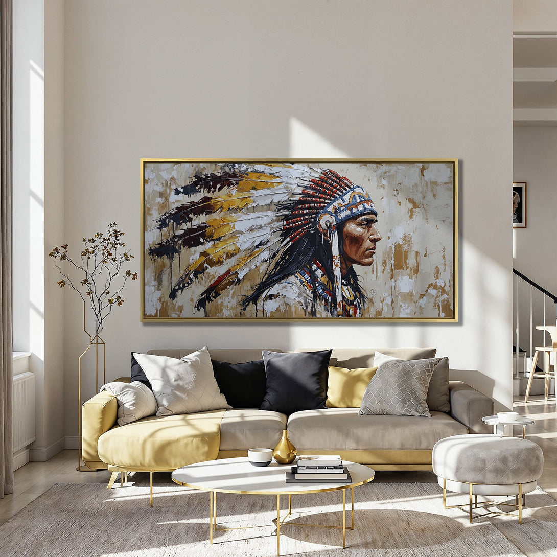 Canvas Print of Native American portrait in warm, earthy tones. Dramatic, textured artwork perfect for adding a touch of history and style to your home.