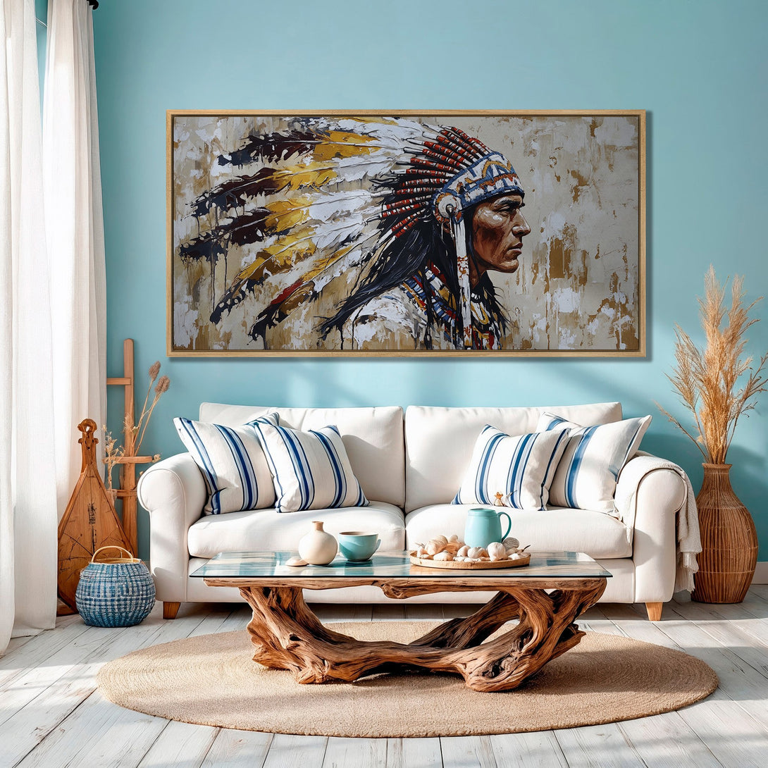 Framed Wall Art: Native American portrait in warm tones. Abstract style Canvas Print adds a touch of culture to any space.