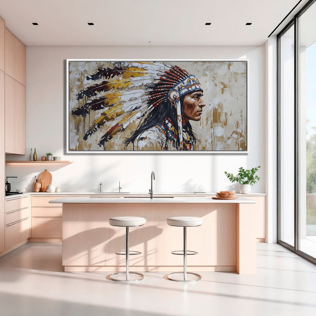 Framed Wall Art: Native American portrait in neutral tones. Elevate your space with this stunning canvas print, featuring a striking profile and earthy palette.