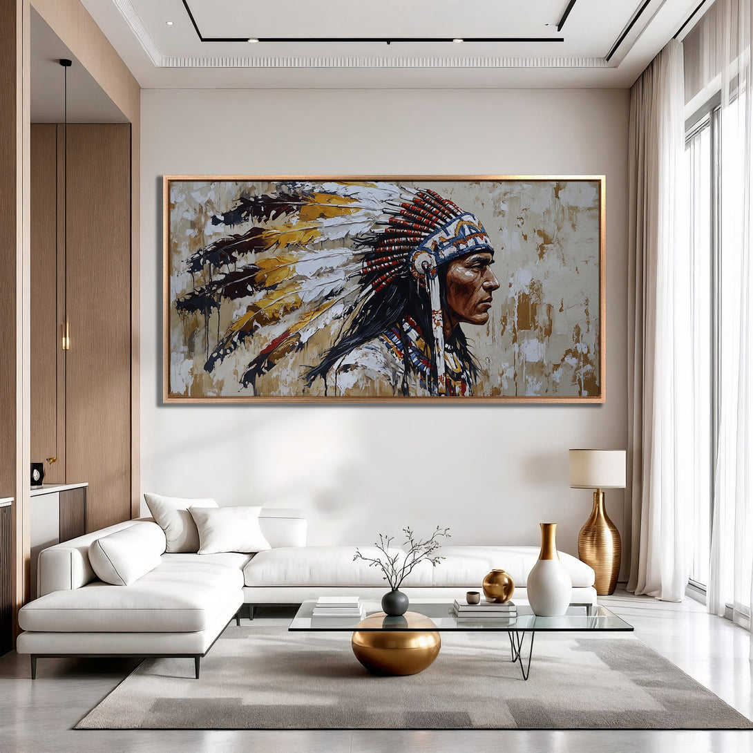 Framed Wall Art: Native American portrait in a modern living room. Earthy tones & vibrant colors. Elevate your space with this stunning canvas print.