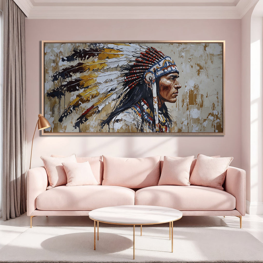Framed Wall Art: Native American portrait in warm tones. Abstract style canvas print with pink, gold, and neutral color palette, perfect for living room decor.