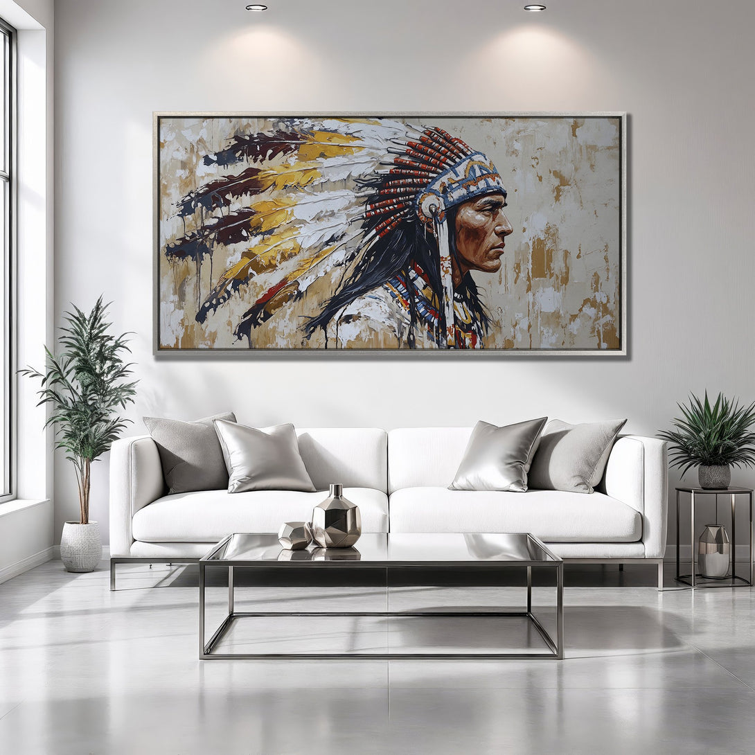 Framed Wall Art: Native American portrait in neutral tones. Abstract style canvas print adds a touch of history and elegance to any space.