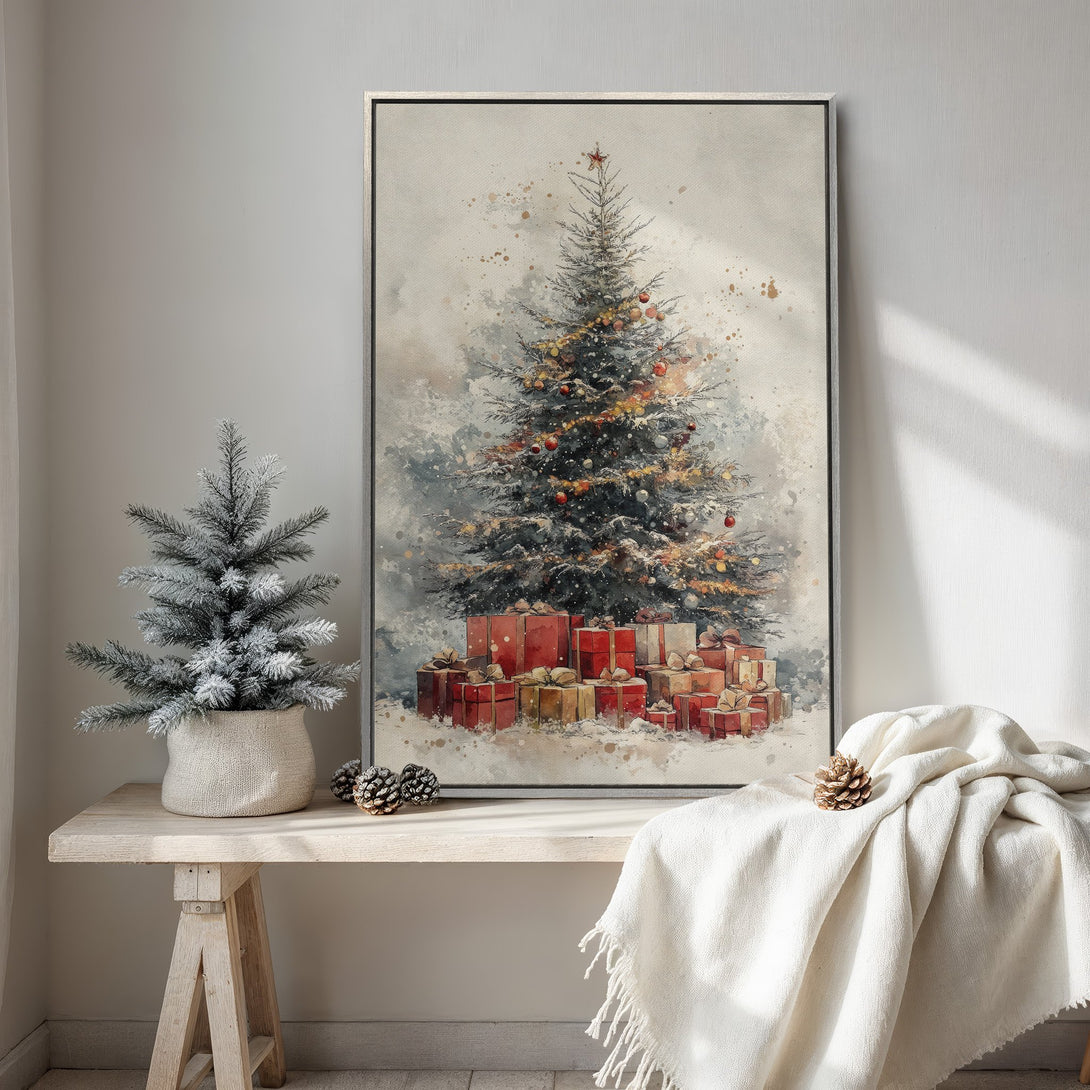 Framed Wall Art featuring a watercolor Christmas tree in a neutral palette. Perfect holiday decor for a cozy, inviting home. Shop now!