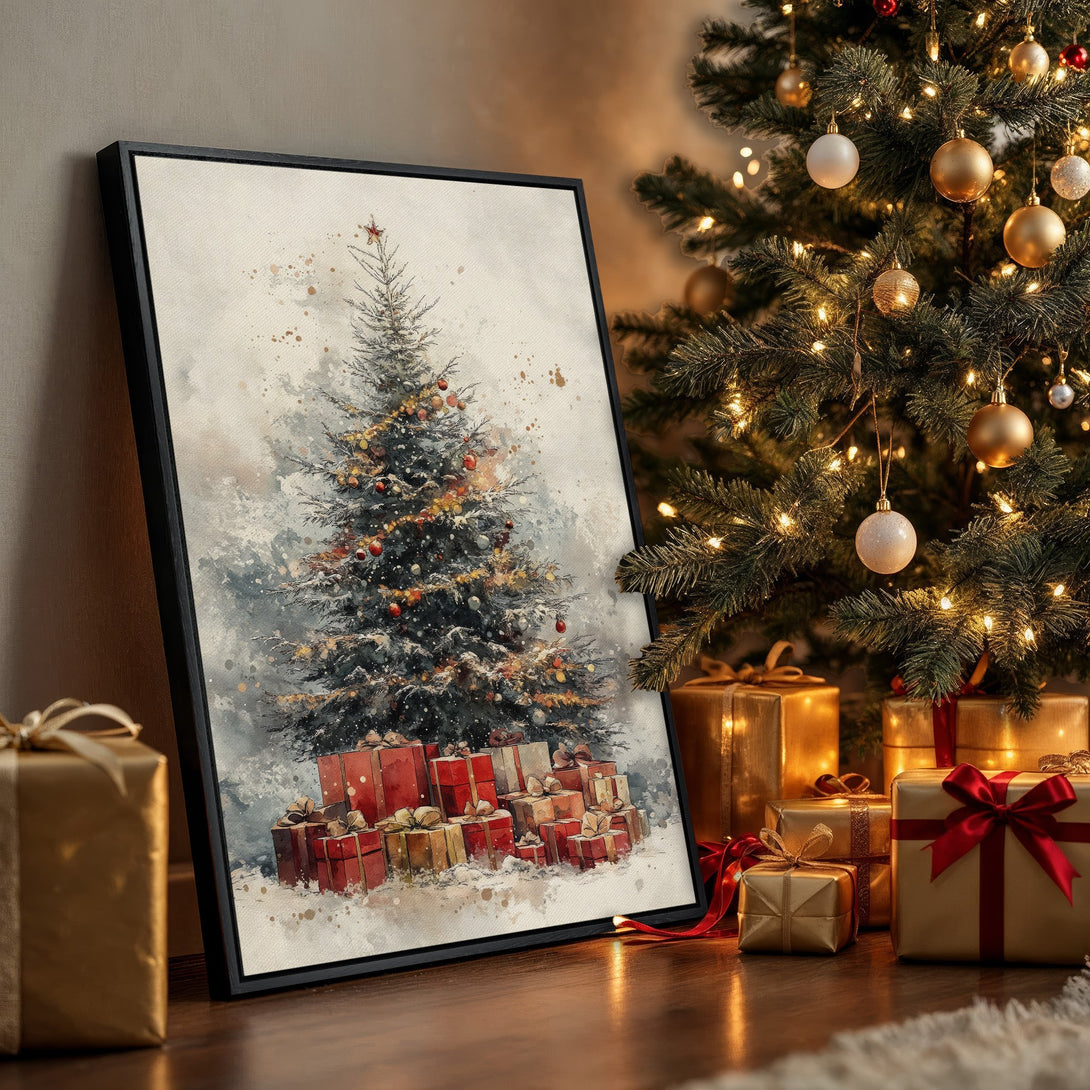Framed Wall Art: Watercolor Christmas tree print with a festive red and gold color palette, perfect for holiday decor and adding warmth to your home.