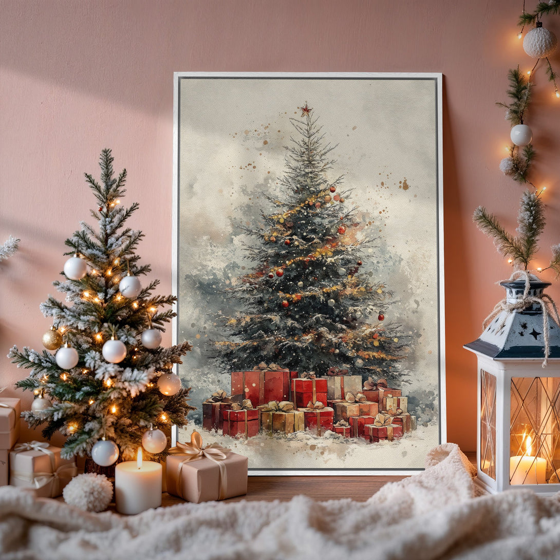 Framed Wall Art: Watercolor Christmas tree print with red and gold accents, perfect for holiday decor. Neutral, warm color palette.