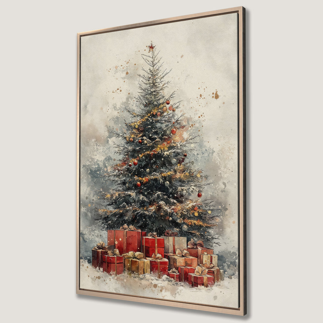 Framed Wall Art: Watercolor Christmas tree with gifts in a neutral palette. Festive holiday decor for your home.