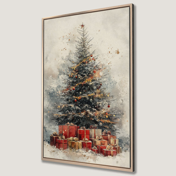 Framed Wall Art: Watercolor Christmas tree with gifts in a neutral palette. Festive holiday decor for your home.