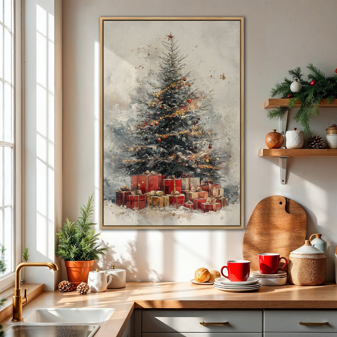 Framed Wall Art: Watercolor Christmas tree art in a cozy kitchen. Featuring a festive holiday scene with red, gold, and neutral tones. Perfect for seasonal decor!