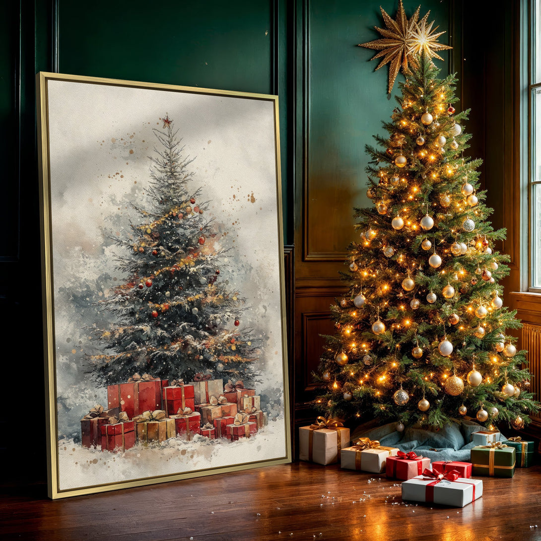 Canvas Print of a watercolor Christmas tree with gifts. Warm neutral tones with pops of red, perfect holiday wall art.