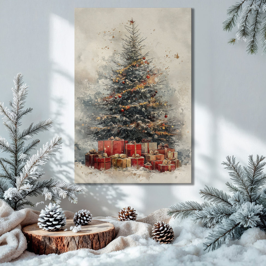 Framed Wall Art: Watercolor Christmas tree print with red and gold accents, perfect for holiday decor. Warm, inviting color palette.
