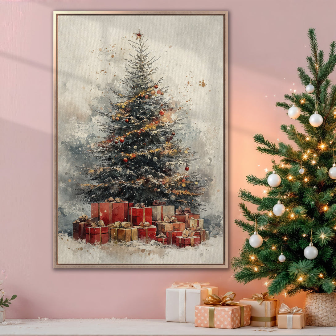 Framed Wall Art: Watercolor Christmas tree print with presents. Festive decor in a soft, warm color palette. Perfect holiday gift!