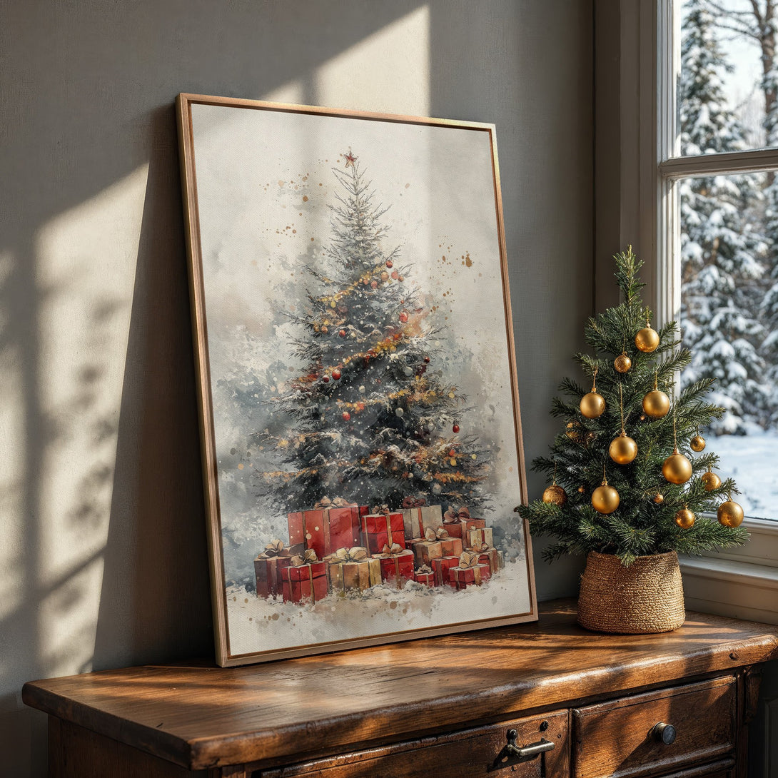 Framed Wall Art: Watercolor Christmas tree print with red and gold accents. Perfect holiday decor in a neutral color palette. Shop now for festive wall art!
