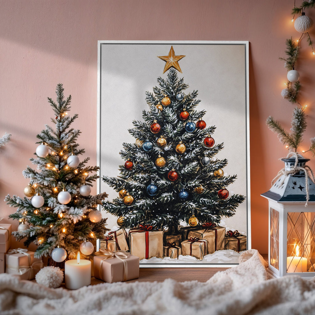 Framed Wall Art featuring a watercolor Christmas tree with colorful ornaments. Warm, inviting color palette perfect for holiday decor.