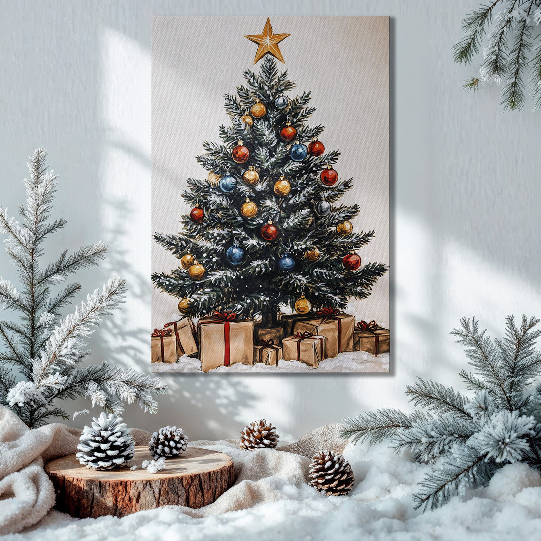 Framed Wall Art of a Christmas tree in a watercolor style, featuring warm gold and festive red/blue ornaments. Perfect holiday decor!