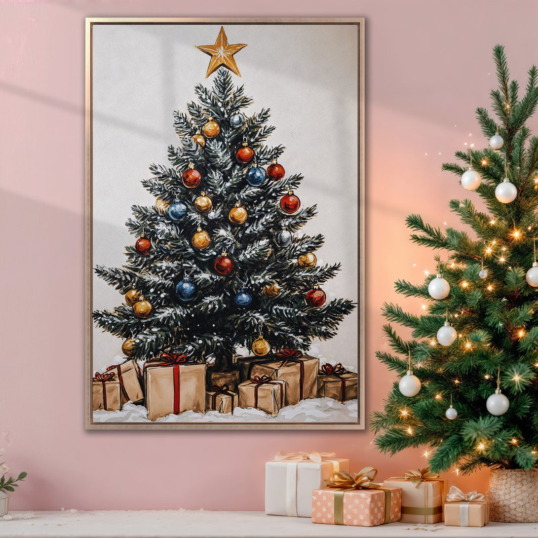 Framed Wall Art: Christmas tree print with warm, inviting colors. Festive decor in a cozy interior setting. Perfect holiday gift!