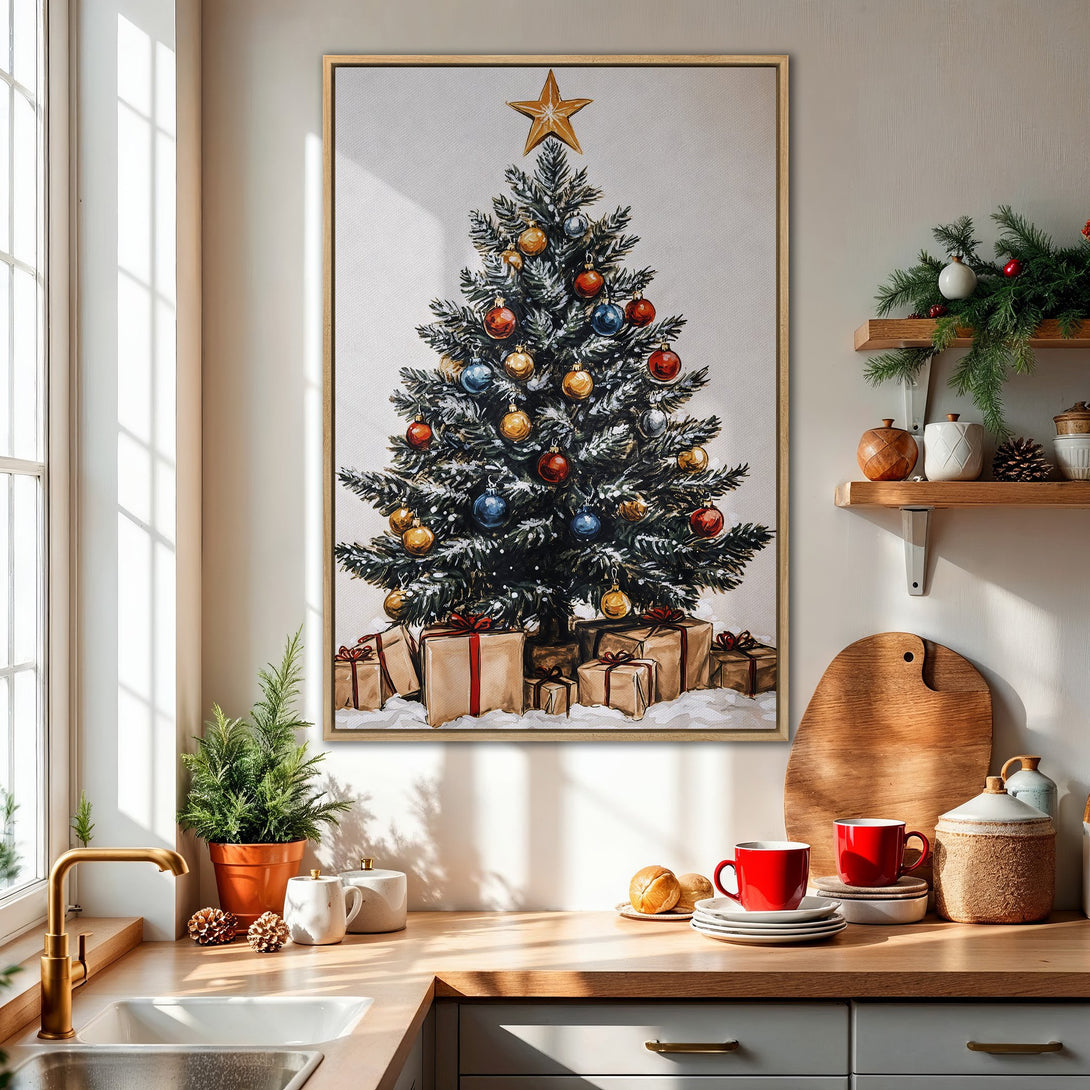 Framed Wall Art: Festive Christmas tree canvas print in a cozy kitchen. Warm, inviting color palette with gold, red, and green accents. Perfect holiday decor!